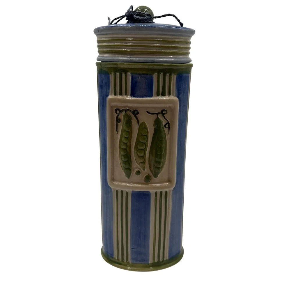 Vtg. Hand Painted Striped Ceramic Pasta Canister with Pea Pod Relief Blue Green
